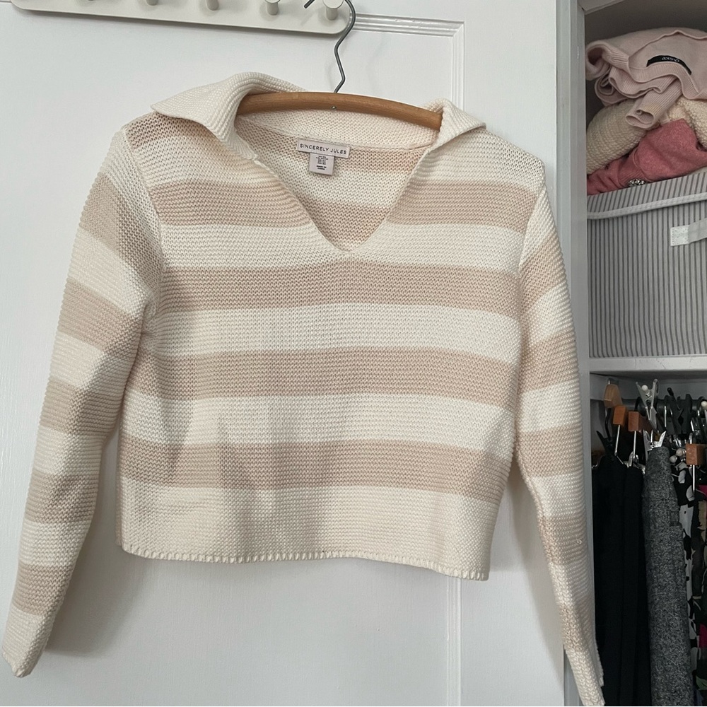 Sincerely Jules Cropped V-Neck Striped Sweater - Cream and Tan